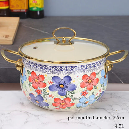 Enamel Soup Pot Retro Flower Bird Binaural Large Capacity Stew Pot with Lid Home Enamel Utensils for Kitchen Delicate Cookware