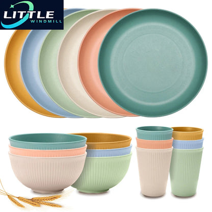 6pcs Wheatgrass Candy Color Tableware Set, Bowl, Cup, Dish Set, Fruit Salad Vertical Pattern, Picnic, Camping Tableware Set