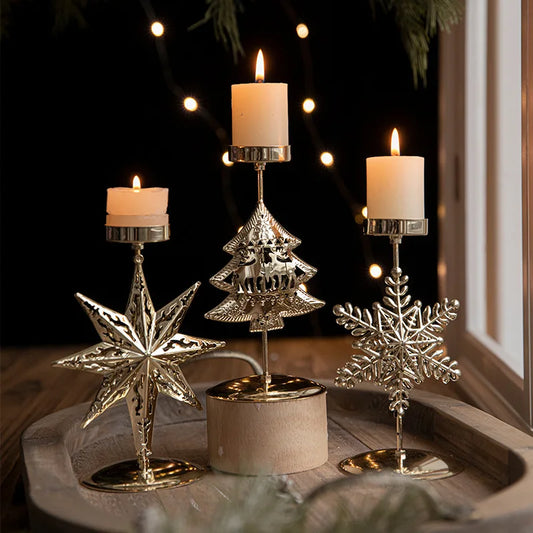 Natal Golden Golden Iron Candlestick Star Elk Treça de Natal Titular Feliz Natal Ano Novo Decoração