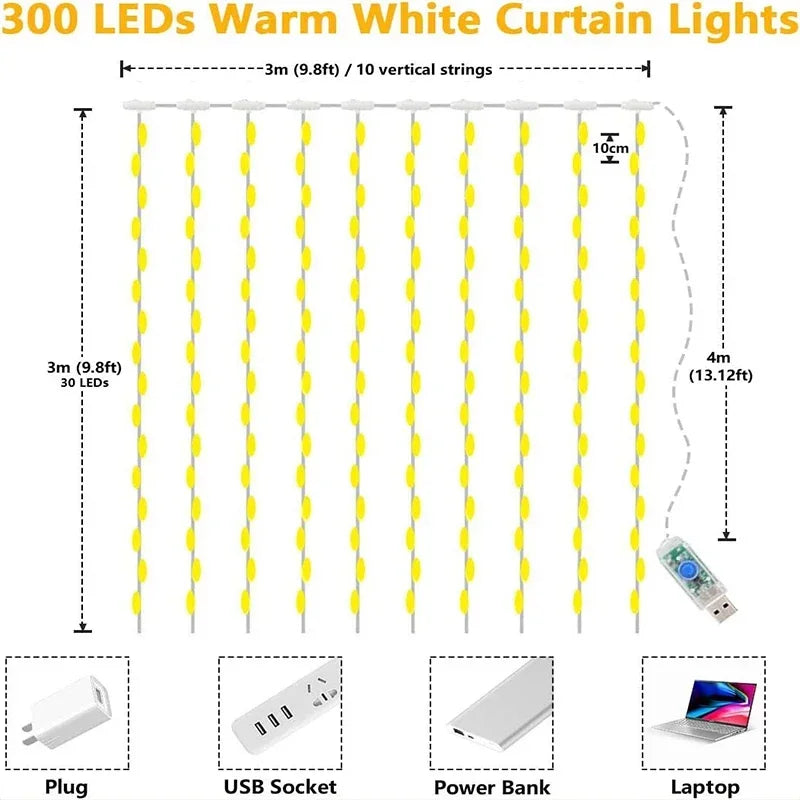 3M LED الستار سلسلة أضواء الجنية الديكور USB عطلة جارلاند مصباح 8 وضع للمنزل حديقة عيد الميلاد حزب السنة الجديدة الزفاف