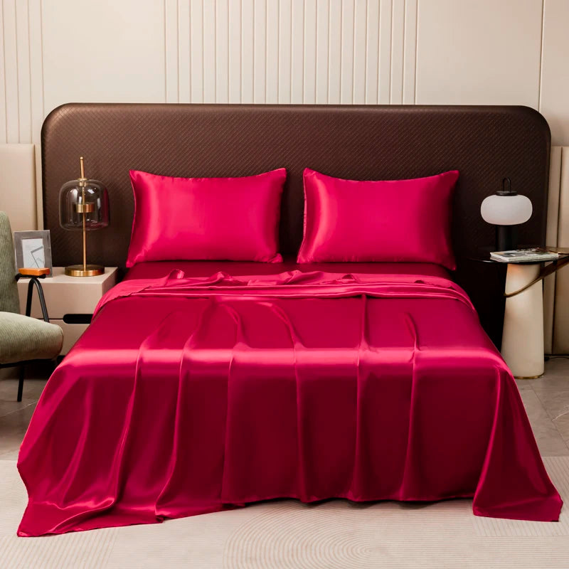 Satin Bed Sheet Sets for Summer Silky Smoooth Top Sheet with Pillowcase Single/Queen/King Ice Cooling Flat Bed Sheet Sets