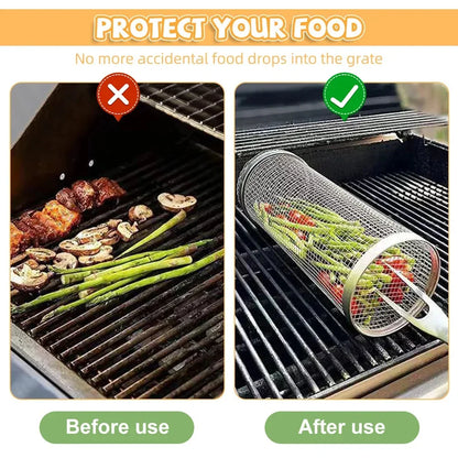 1 stk BBQ Cage Rolling rustfrit stål Udendørs grillkurv Grill Mesh Camping Barbecue Rack BBQ Grilling Accessories Tool