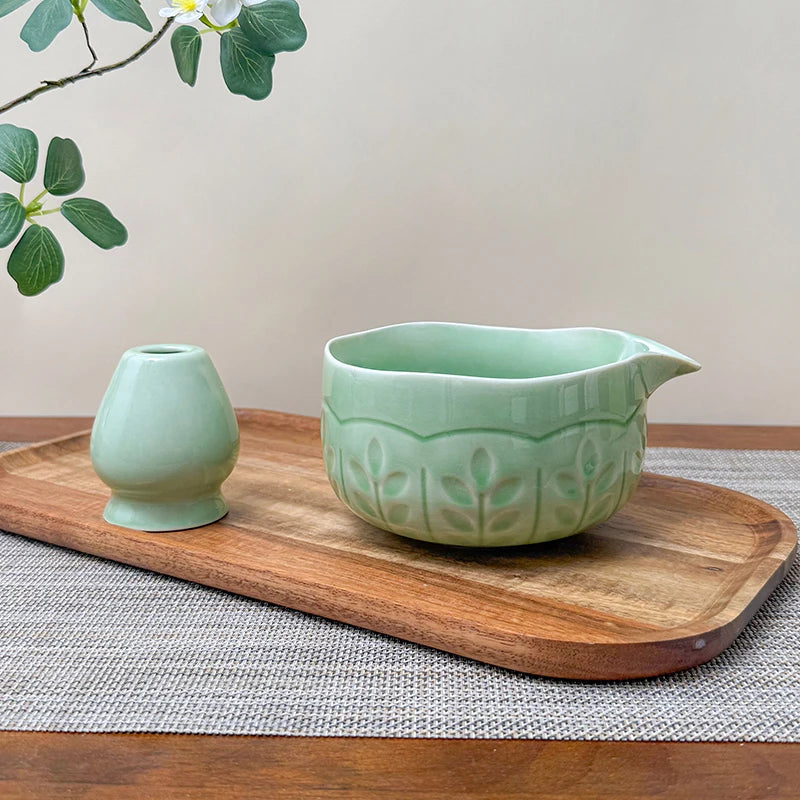 2 Pcs Matcha Set Matcha Whisk Set with Carved Ceramic Matcha Bowl & Carved Matcha Whisk Stand Japanese Tea Ceremony Gift Box