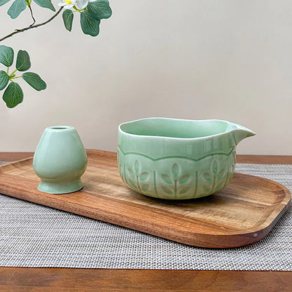 2 Pcs Matcha Set Matcha Whisk Set with Carved Ceramic Matcha Bowl & Carved Matcha Whisk Stand Japanese Tea Ceremony Gift Box