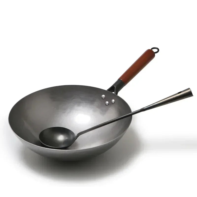 Pote de ferro tradicional de ferro tradicional saudável, maçaneta wok de madeira wok de madeira antiaderente a gás de fogão a gás de cozinha panela