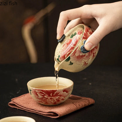 Hand Drawn Floral Ceramic Teaware Set Portable Travel Tea Set Outdoor Camping Kung Fu Tea Set 1 Pot 3 Cups Tea Brewing Utensils