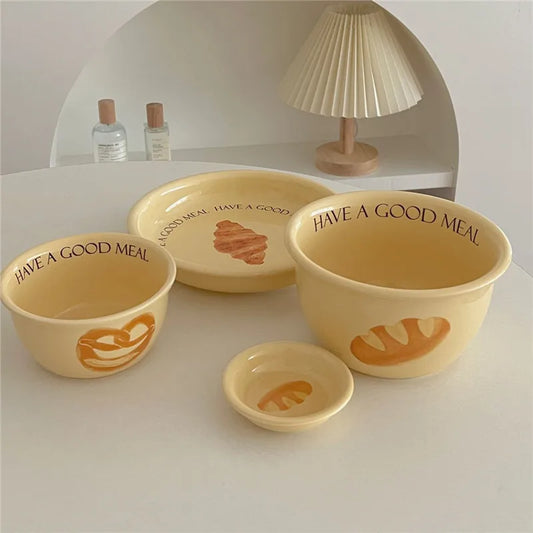 Korean Style Household Ceramic Tableware Set Creative Bread and Toast Printed Noodle Bowls Meal Plate Home Porcelain Dinnerware