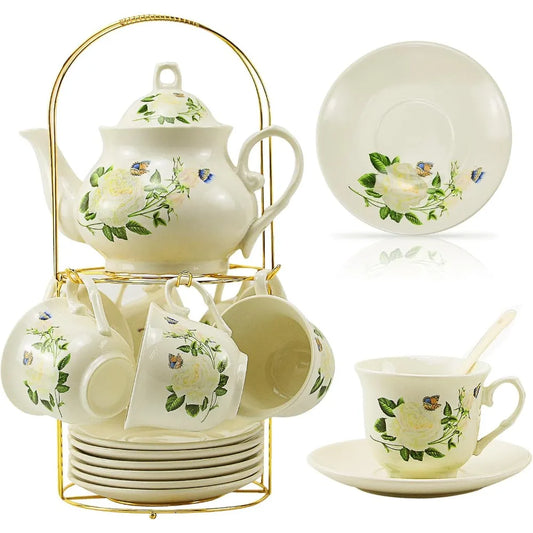 20-piece Bone China Tea Set, Gold Coffee Set, Gold Metal Rack, Home and Party Tea Gift Set (010)