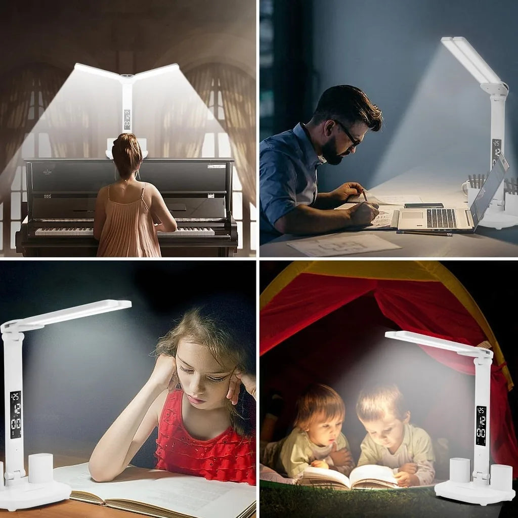 LED Clock Table Lamp USB Chargeable Touch Desk Lights 2 Heads 180 Rotate Foldable Eye Protection Desktop Reading Night Lights