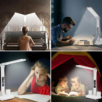 LED Clock Table Lamp USB Chargeable Touch Desk Lights 2 Heads 180 Rotate Foldable Eye Protection Desktop Reading Night Lights