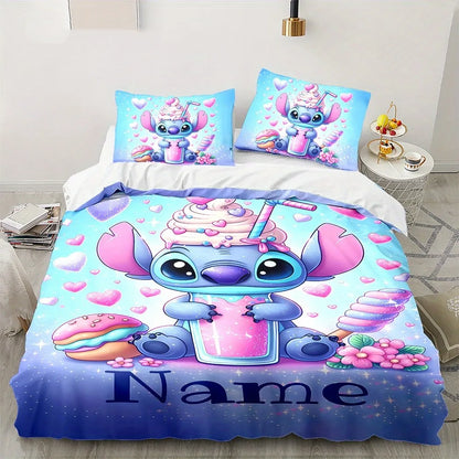 Custom Name Stitch Cartoon Duvet Cover Set 1 Duvet Cover & 2 Pillowcases (No Insert) Personalized Bedding Set for Women Teens