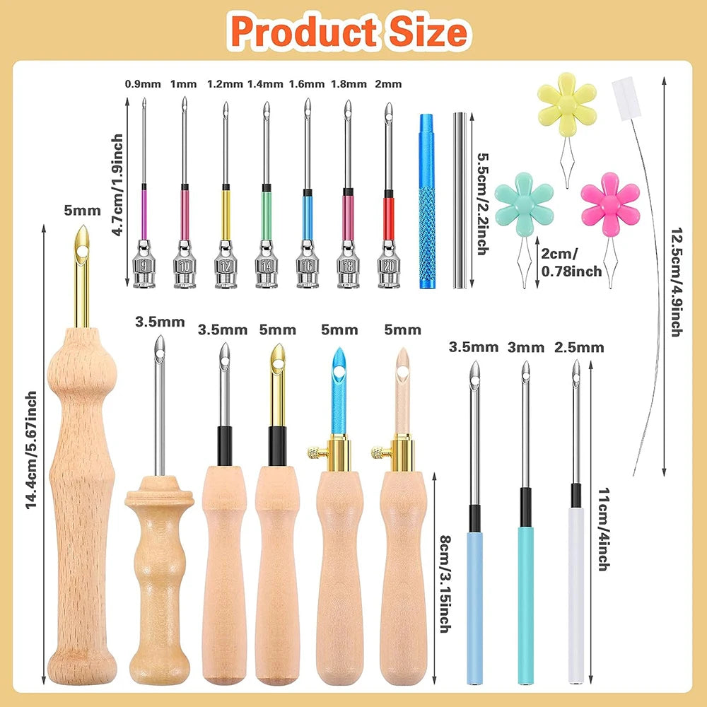 13PCS Embroidery Punch Needle Kits Sewing Wooden Handle Embroidery Pen Rug Hooking Tool for DIY Stitching Craft Embellishment