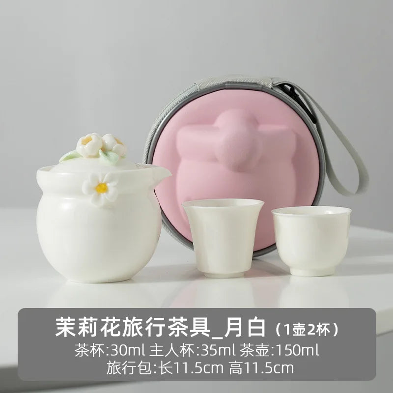 Simple Jasmine Kung Fu Tea Set Outdoor Portable Travel Tea Set Ceramic One Pot Two Cups Chinese Tea Ceremony Accessories