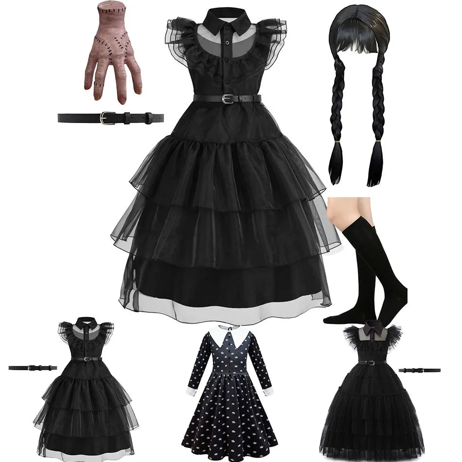 Meninas quarta -feira vestido crianças addams halloween roupas de família preta, crianças dançando costura de cosplay princesa fantasia de natal