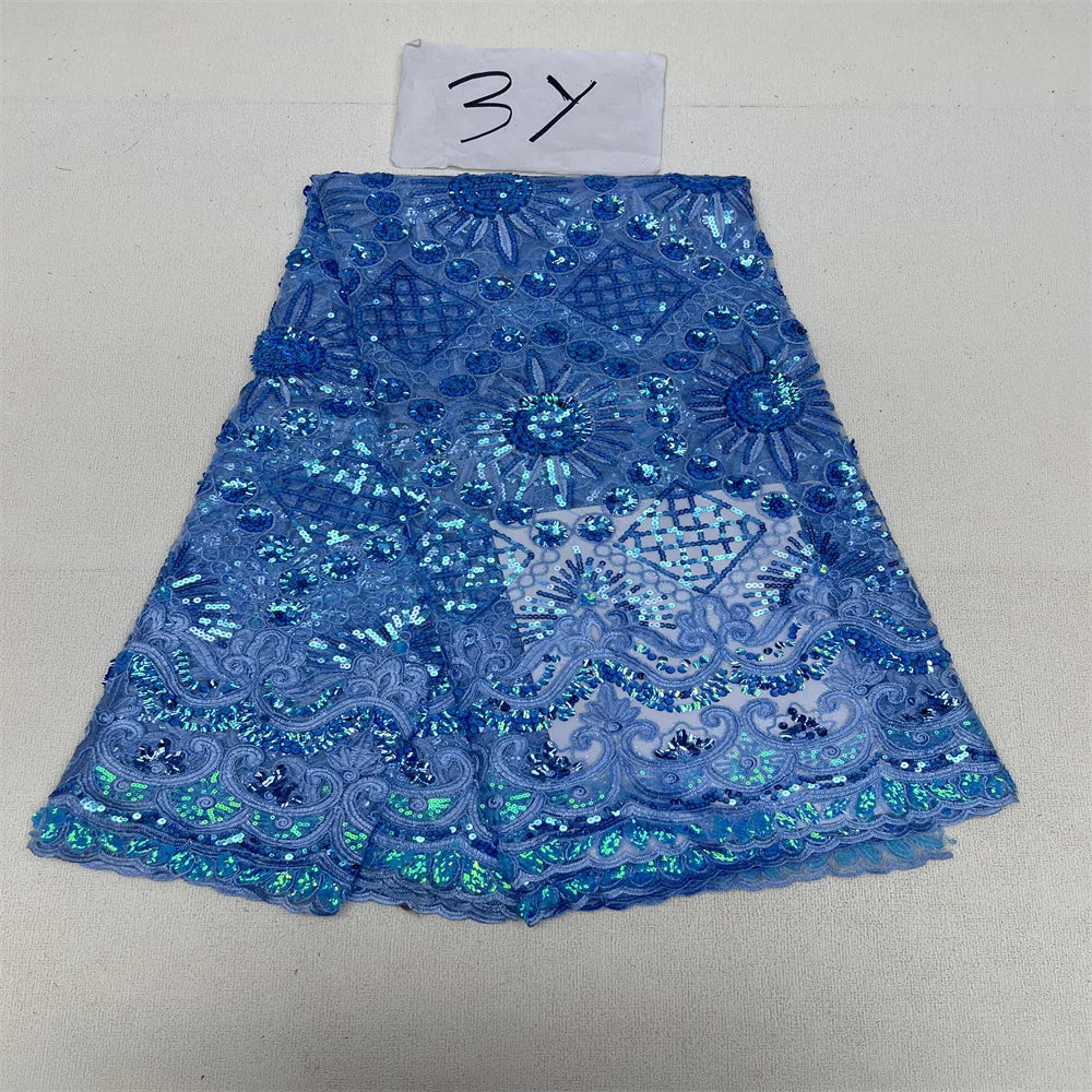 African Sequins Beaded Lace Fabrics  3 yards High Quality Sequence Embroidery French Nigerian Lace Fabric For Wedding Sewing