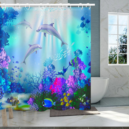 Dolphin Shower Curtain Blue Underwater World Marine Life Polyester Fabric Kids Ocean Theme Bathroom Decor Set with 12 Hooks