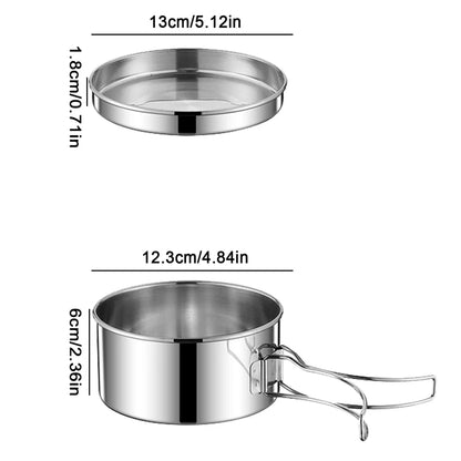 2PCS/SET Cookware Set Stainless Steel Cookware Kit Cooking Pot and Pan Set with Plates Cups for Outdoor Camping Backpacking