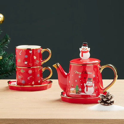 Christmas Ceramics Teaware Sets Coffee Cup & Saucer Santa Claus Elk Snowman Tea Pot and Cup Set Drinkware Xmas Gift 1 Pot 2 Cups
