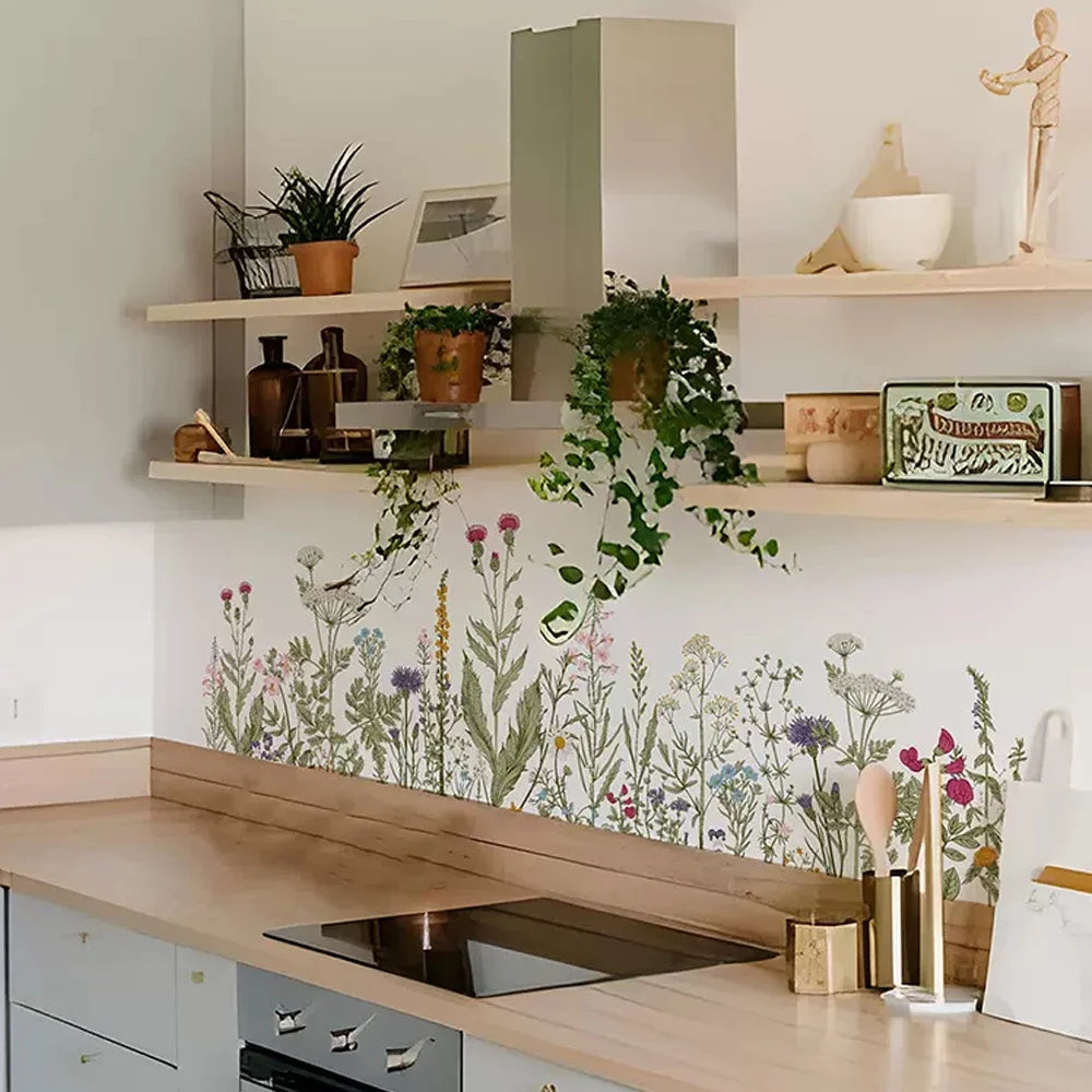Wild flowers Wall Stickers for Kitchen Backsplash, Botanical Wall Border Sticker, Peel and Stick, Dining Room Decoration