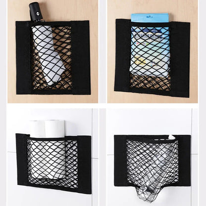 Storage Net Pocket Home Kitchen Cabinet Door Adhesive Sundries Bag Trunk Elastic Pocket with Nylon Fastener Tape Car Organizer