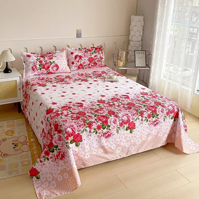 Red Flower Printed Flat Bed Sheets for Double Bed Single/Queen/King Reactive Printed Top Sheets for Beds sabanas cama 150x200
