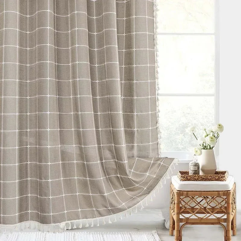 Jacquard Linen Waterproof Shower Curtain Small Fresh Plaid Pastoral Style Bathroom Mildew-proof Bathroom Curtain