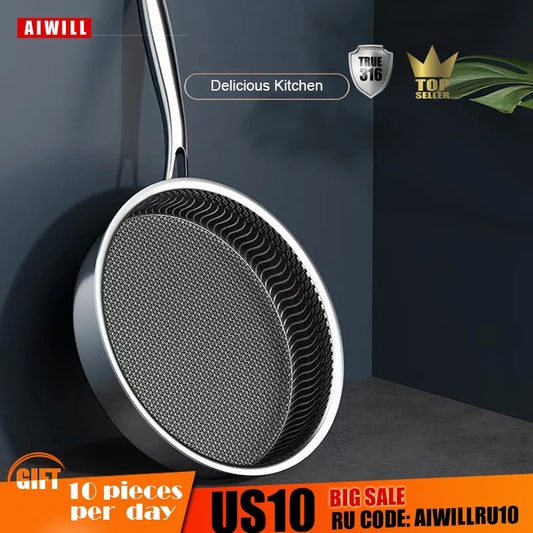 Aiwill Kitchen Quality 316/304 пържене от неръждаема стомана тиган с нелеп за готвене на тиган пържена пържола с тиган газ/индукционна готварска съдове