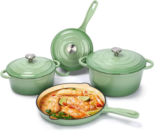 Cast Iron Cookware Set, 7 Piece Enamel Cast Iron Set, Sauce Pan, Skillet, Dutch Oven Set, Ceramic Cookware Set, Pots and Pans Se