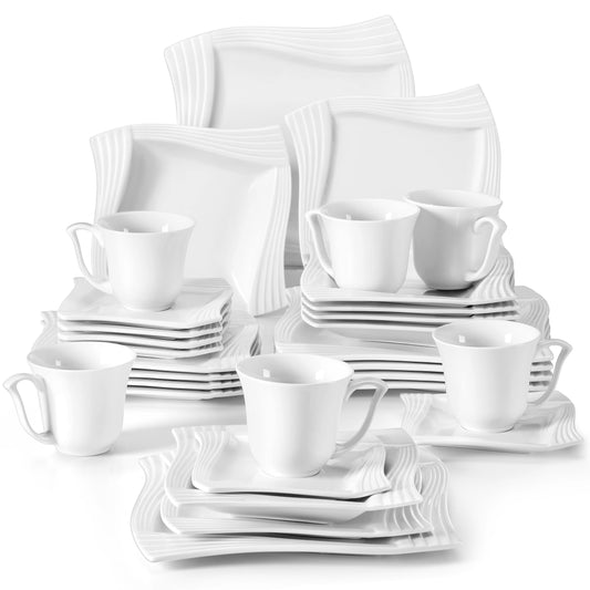 Malacasa Amparo 30/60 Stück weißes Porzellan -Geschirr Set Cups Saucers Dessert Suppe Abendessen Service für 6/12 Persone