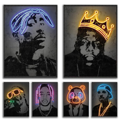 Abstract Rapper Wall Art Home Decor Poster Neon Effect Hip Hop Artist 2Pac Canvas Paint Bedroom Decoration Mural Picture Print