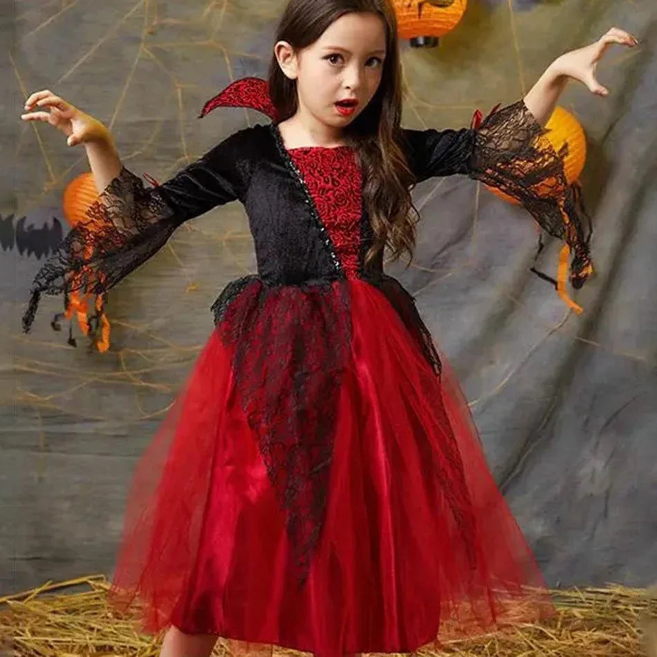 2024 Girls Cosplay Vampire Halloween Dress for Kids Ghost Bride Gothic Costume Count Vampiran Carnival Outfit Black Red Clothes