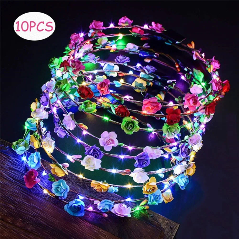 10Pcs LED Flower Crown Headband Light Up Flower Headbands for Women Garlands Glowing Floral Wreath Crowns for Wedding Party