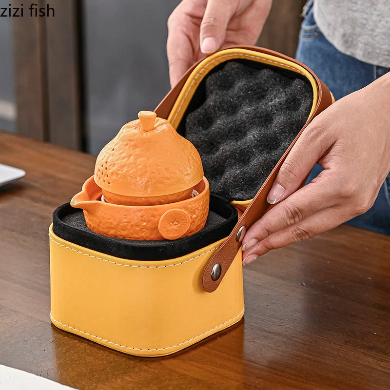 Orange Shaped Travel Tea Set Outdoor Portable Teaware Sets Storage Bag Tea Infuser Teapot Teacup Teas Brewing Utensils