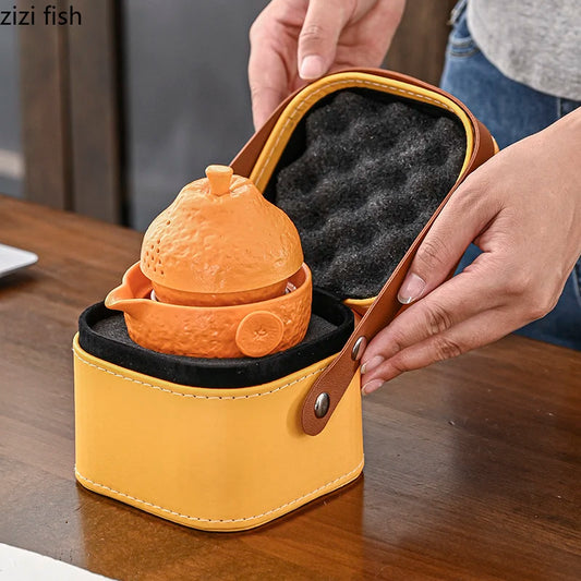 Orange Shaped Travel Tea Set Outdoor Portable Teaware Sets Storage Bag Tea Infuser Teapot Teacup Teas Brewing Utensils