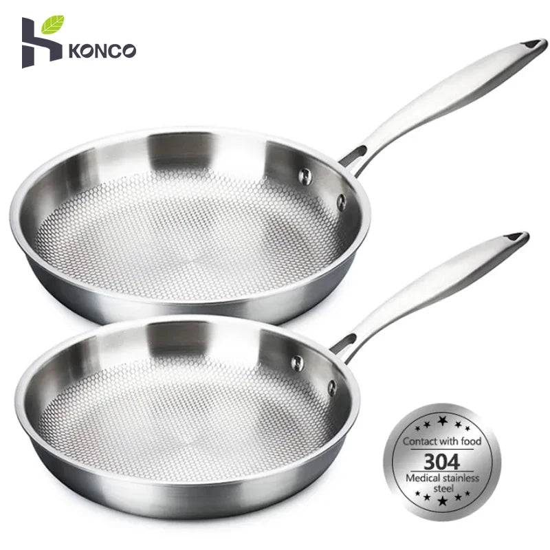 Konco 28/30cm Frying Pan 304 Oțel inoxidabil woks antiaderent oală de prăjitură de gătit Wok Flat Frying Pan Induction Gazdă de gaz