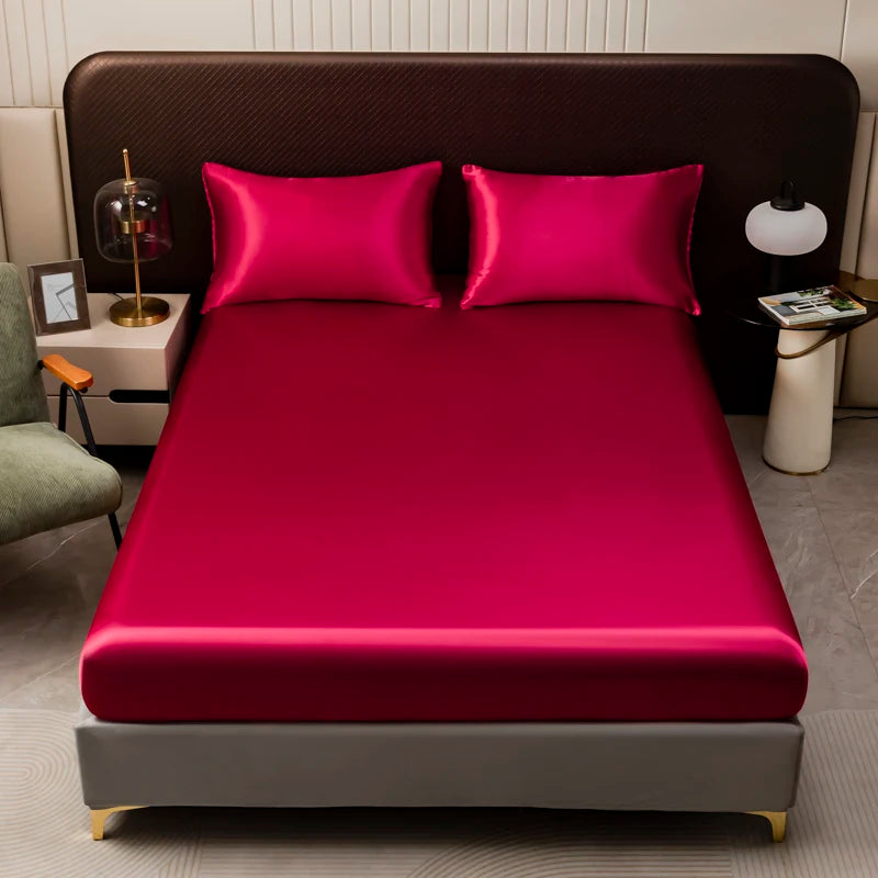 1Pc Satin Fitted Sheet Solid Colour Twin Full Queen Ice Silk Mattress Cover Natural With Elastic Band Bed Sheet (No Pillowcase)