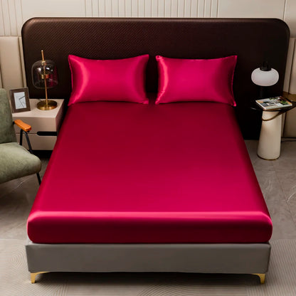 1Pc Satin Fitted Sheet Solid Colour Twin Full Queen Ice Silk Mattress Cover Natural With Elastic Band Bed Sheet (No Pillowcase)