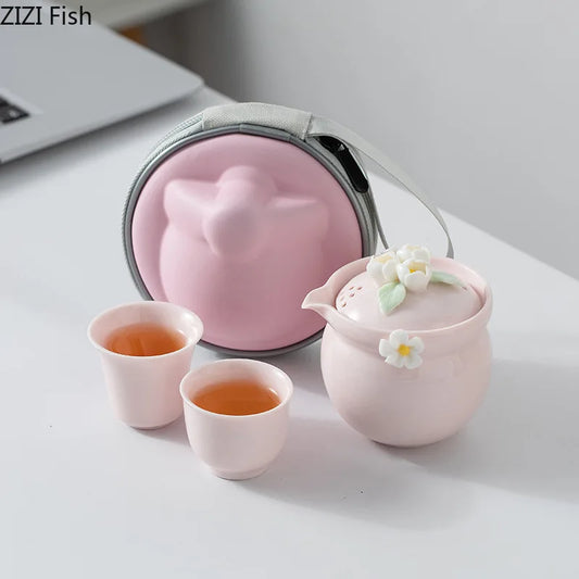 Simple Jasmine Kung Fu Tea Set Outdoor Portable Travel Tea Set Ceramic One Pot Two Cups Chinese Tea Ceremony Accessories