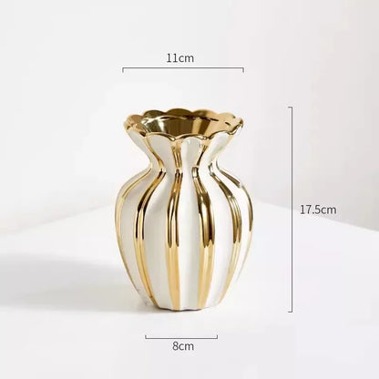 Nordic Retro Gold Painted Cream White Ceramic Vase Living Room Coffee Table Flower Arrangement Vase  Girl Flower Pot  Home Decor