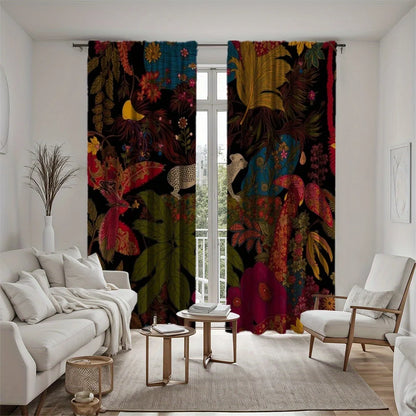 2pcs Tropical Rainforest Curtains - Black Background with Leopard, Birds & Floral Print, Polyester Velvet Fabric, Rod Pocke