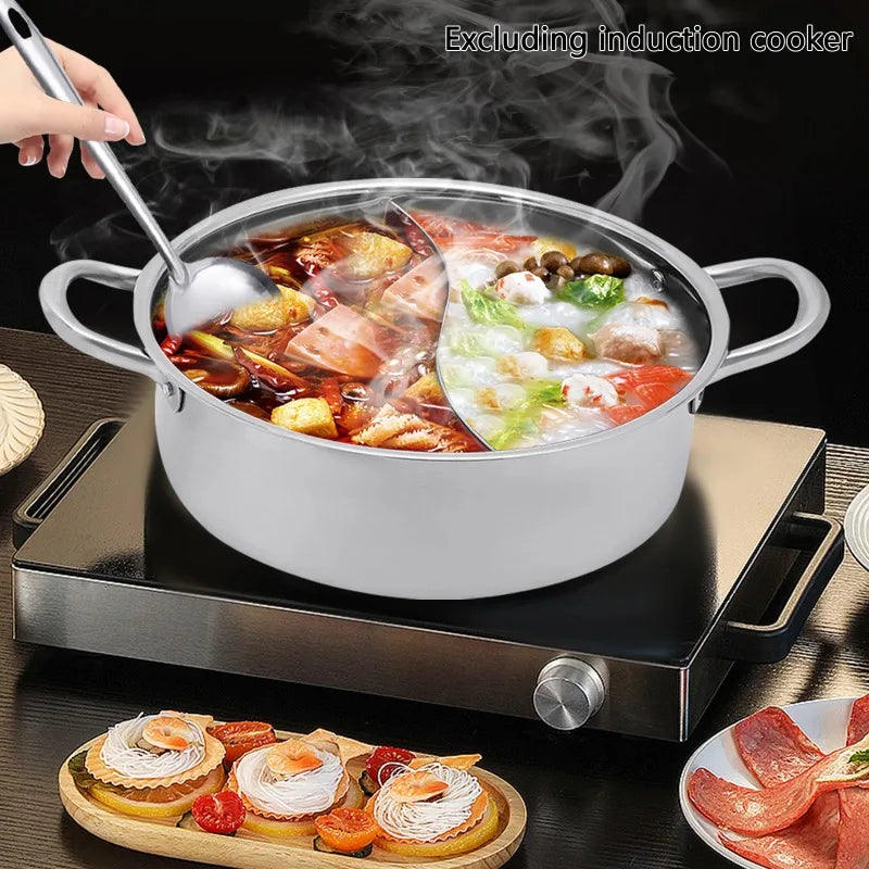 Shabu Pot 304 Food Grade Stainless Steel with Lid Divider Dual Sided Cookware for Induction Cooktop Gas Stove Kitchen Cooker