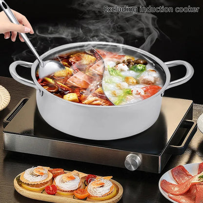Shabu Pot 304 Food Grade Stainless Steel with Lid Divider Dual Sided Cookware for Induction Cooktop Gas Stove Kitchen Cooker