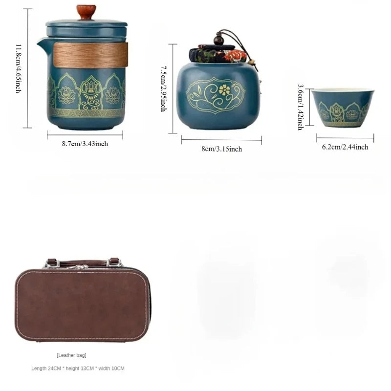 Travel tea set, portable Kung Fu tea set, ceramic teapot, tea can, tea cup, outdoor quick cup, tea can, leather bag packaging