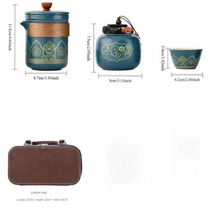 Travel tea set, portable Kung Fu tea set, ceramic teapot, tea can, tea cup, outdoor quick cup, tea can, leather bag packaging