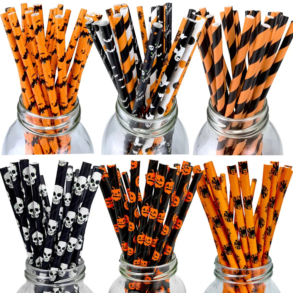 25/50/100pcs Halloween Party Favours Paper Straws Black and Orange Party Biodedbroadable Drink Stripe Straws til Halloween