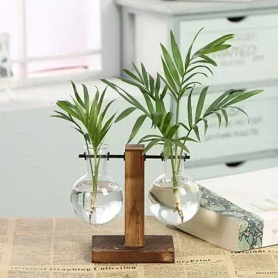 Terrarium Hydroponic Plant Vases Vintage Flower Pot Transparent Vase Træ ramme Glas Tableplanter Hjem Bonsai -indretning