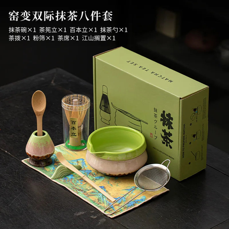 2/4/8pcs Green Matcha Set Bamboo Whisk Teaspoon Ceramic Bowl Tranditional Tea Sets Home Tea-making Tools Accessories Gifts