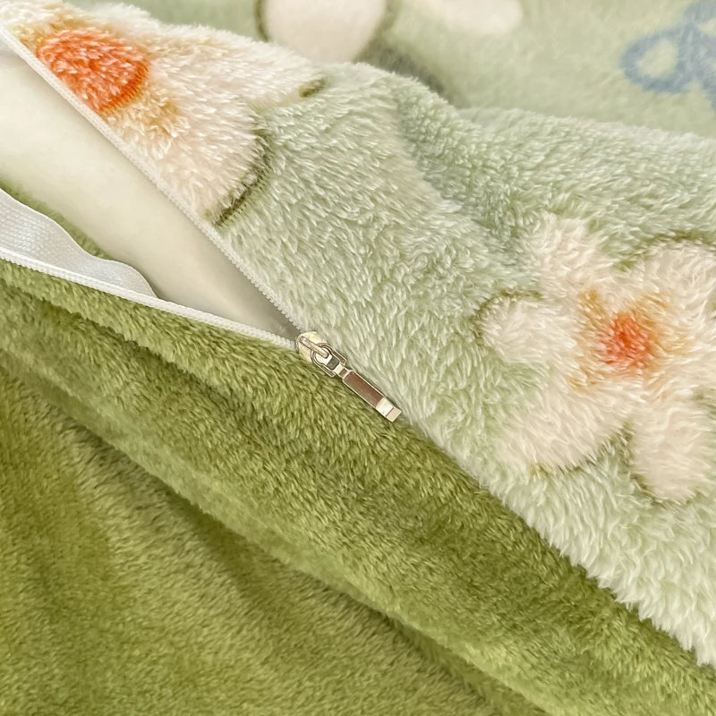 White Plant Flower Milk Velvet Duvet Cover Green Reversible Soft Skin-friendly Comforter Cover Adult Kid Bedroom Winter Bedding