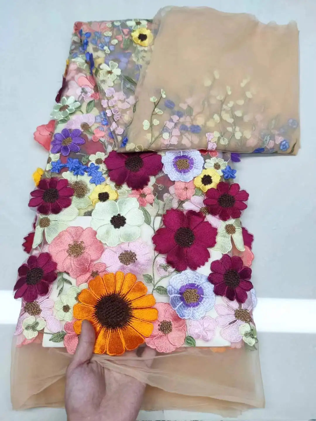 Colorful 3D Flower Lace Fabric DIY Wedding Dress Luxury Latest Three - dimensional sunflower floating soft mesh embroidery lace