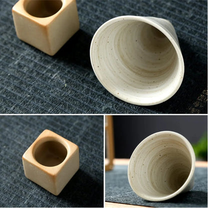 100ml Coarse Pottery Coffee Mugs, Japanese Style Ceramic Tea Cups Triangular Cone Shape Porcelain Retro Mug with Square Base